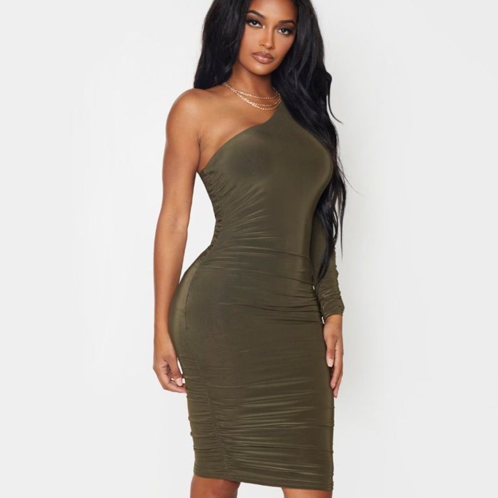 Shape Khaki Slinky One Sleeve Ruched Midi Dress